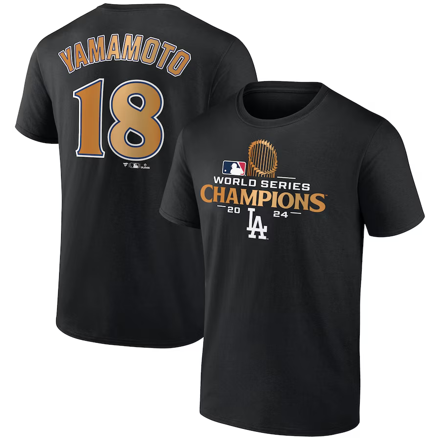 Men Los Angeles Dodgers #18 Yamamoto 2024 MLB World Series Champions black white T shirts->mlb t-shirts->Sports Accessory